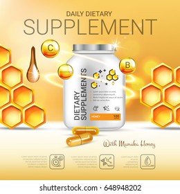 Manuka Honey Dietary Supplement Ads. Vector Illustration With Honey Supplement Contained In Bottle And Honey Elements. Poster.