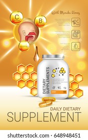 Manuka Honey dietary supplement ads. Vector Illustration with honey supplement contained in bottle and honey elements. Vertical poster.