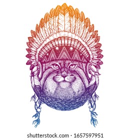Manul, gato. Animal. Retrato vectorial en la cabeza tradicional india con plumas. Ilustración de estilo tribal para ropa infantil. Imagen para niños de moda, afiches.