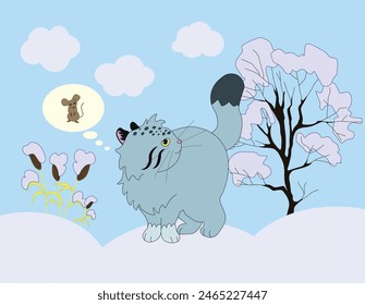 the manul cat thinks about the mouse and looks for it