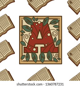 Manuscript and ancient lettering open book seamless pattern vector capital letter on page writing textbook or volume history and heritage typography vintage poetry character and leaves ornament