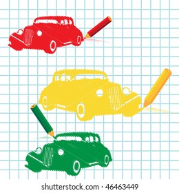 Manuscript car with pencil, vector illustration