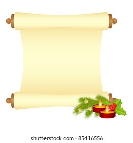 Manuscript with fir branch and candles. Vector illustration, isolated on a white.