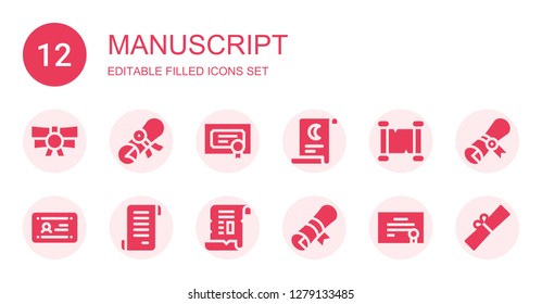 manuscript icon set. Collection of 12 filled manuscript icons included Scroll, Diploma, Papyrus