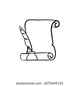 Manuscript paper scroll with feather pen in inkpot hand drawn outline doodle icon. Honor certificate written with a feather pen vector sketch illustration for print, web, mobile and infographics.