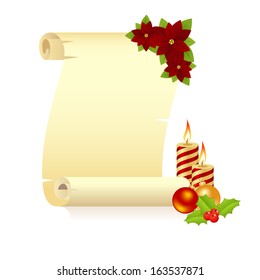 Manuscript with poinsettia, christmas balls and candle. Vector illustration, isolated on a white.