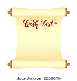 Manuscript or scroll with handwritten brush calligraphy Wish list isolated on a white background. Vector illustration.