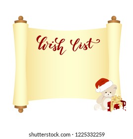 Manuscript or scroll with handwritten brush calligraphy Dear Santa and christmas decorations isolated on a white background. Vetor illustration.