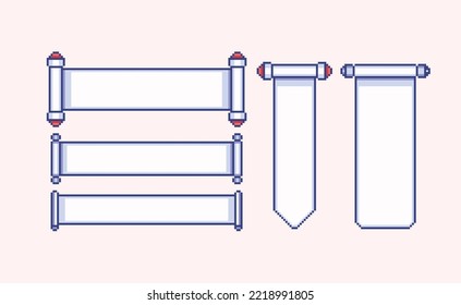 Manuscript template pixel art set. Papyrus scroll collection. Blank paper sheet. 8 bit sprite. Game development, mobile app. Isolated vector illustration.