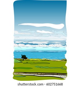 manuscript type, hand-drawn vector illustration of an english seaview to La-Manche channel, space for editing