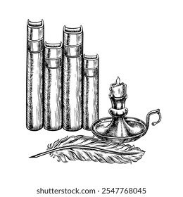 The manuscript. Vector black and white graphics with images of books, pen and candles. Hand-drawn illustration on a white background. A design element for postcards, flyers, posters, stickers, banners