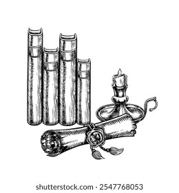 The manuscript. Vector black and white graphics with images of books, scrolls and candles. Hand-drawn illustration on a white background. A design element for postcards, flyers, posters, banners.