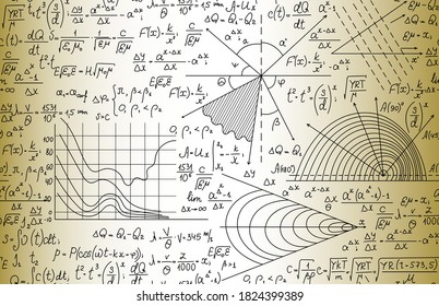 Manuscripts and technical drawings on the old paper, scientific vector  math and physics seamless pattern 
