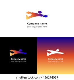 Man,user,human in fast fly airplane logo, icon, sign, emblem vector template. Abstract symbol and button with colorful trend gradient for air, fly, flight, aviation, airshow school or service company.