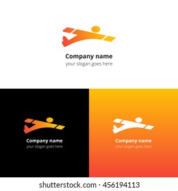 Man,user,human in fast fly airplane logo, icon, sign, emblem vector template. Abstract symbol and button with colorful trend gradient for air, fly, flight, aviation, airshow school or service company.