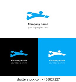 Man,user,human in fast fly airplane logo, icon, sign, emblem vector template. Abstract symbol and button with blue trend color for air, fly, flight, aviation, airshow school or service company.