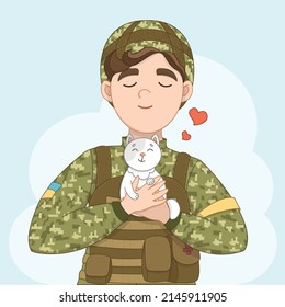 A man  warrior in the uniform the Ukrainian army holds cat  Soldier rescue little cat  Animals suffer in the war  Stop war  Military man holding cat in his hands 