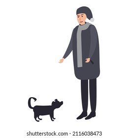Manwith with dog, winter cold weather clothes, hat, warm coat, boots. Cartoon flat style