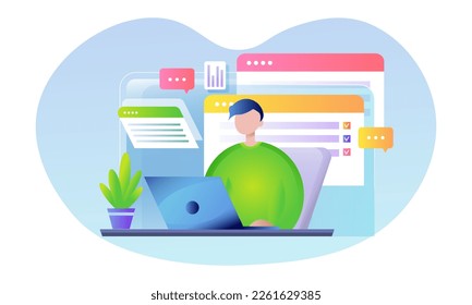 Manwith laptop on the table. Online education and online work concept. Flat style, gradient. Vector illustration
