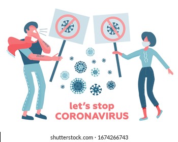 Man,woman characters in medical face masks holding signs that rejects virus. Concept of illness prevention. Novel corona virus disease COVID-19, 2019-nCoV, MERS-Cov concept. Vector flat illustration