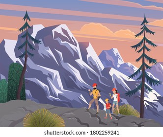 Man,woman, children, family hikers traveling trekking with backpacks in mountains forest cartoon vector illustration. Happy family hiking nature, father mother and son walking through the mountains