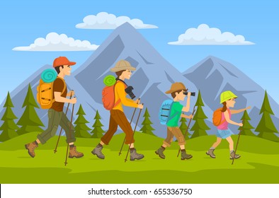 man,woman, children, family hikers traveling trekking with backpacks in mountains forest cartoon vector illustration