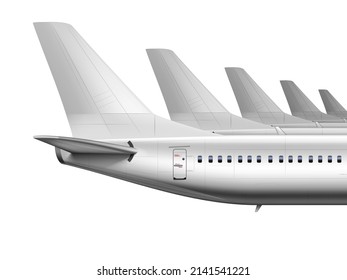 Many 3D Blank Glossy White Airplane Or Airliner Tail. EPS10 Vector