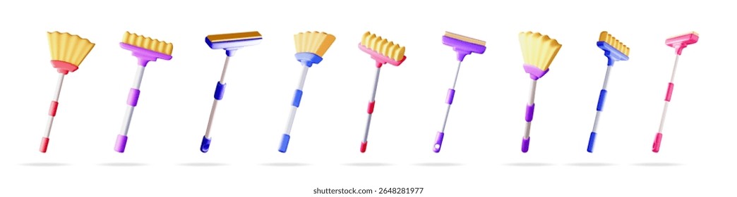 Muitas ferramentas de limpeza 3d com alças longas, incluindo vassouras e esfregões. Equipamento doméstico colorido para limpeza em casa e no escritório.