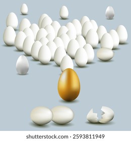 Many 3d eggs, broken eggs, golden egg, vector illustration eps10