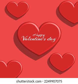 Many 3d heart random pattern with Happy Valentines Day text on the red background, creative love poster holiday greeting card mockup.