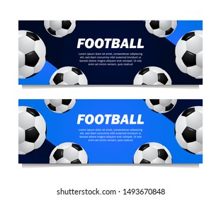 many 3D realistic ball soccer football template banner design with blue color background for sport tournament