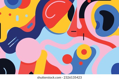 many abstract art posters featuring a bold design, in the style of simplified figures, cartoon abstraction, rounded shapes, bold primary colors, robotic motifs, tangled forms, modular patterns