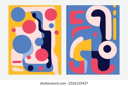 many abstract art posters featuring a bold design, in the style of simplified figures, cartoon abstraction, rounded shapes, bold primary colors, robotic motifs, tangled forms, modular patterns