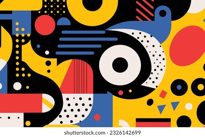 many abstract art posters featuring a bold design, in the style of simplified figures, cartoon abstraction, rounded shapes, bold primary colors, robotic motifs, tangled forms, modular patterns