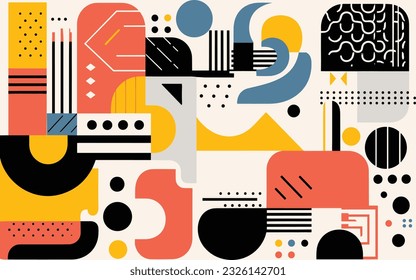 many abstract art posters featuring a bold design, in the style of simplified figures, cartoon abstraction, rounded shapes, bold primary colors, robotic motifs, tangled forms, modular patterns