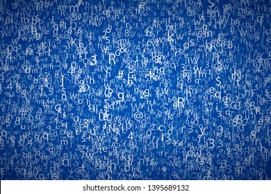 Many abstract chaotic complicated crypto symbols on blue, data encryption binary code concept