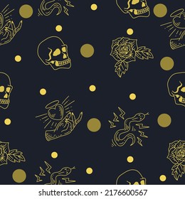 muchos ojos abstractos patrón sin fisuras diseño de fondo oscuro de objetos de oro aleatorio con diseño.