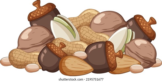 Muchas bellotas nueces almends cacahuetes pistachos ilustración estilo caricatura