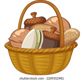 Many acorns walnuts almonds peanuts pistachios cartoon style in basket illustration