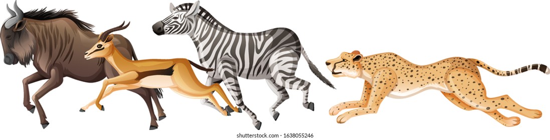 Many african animals running on white background illustration
