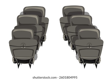 Many aircraft seats from back view