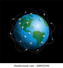 Many airplanes flying around planet earth. Vector illustration on black background.