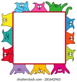 Many amusing thick color cats around a large square billboard, cartoon vector artwork