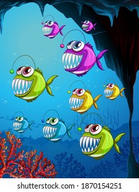 Many angler fishes cartoon character in the underwater scene with corals illustration