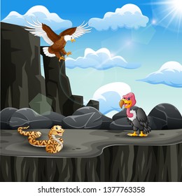 Many animal cartoon at mountain cliff