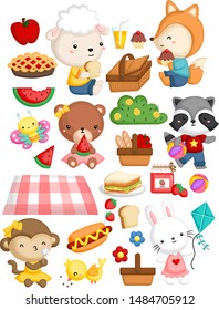 many animal gathering together in a picnic theme