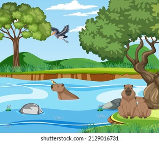 Many animal next to river illustration