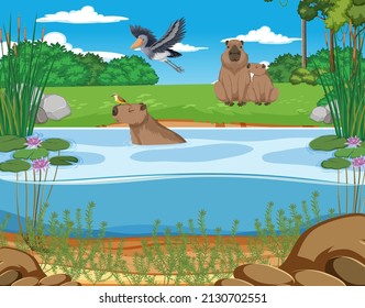 Many animal next to river illustration