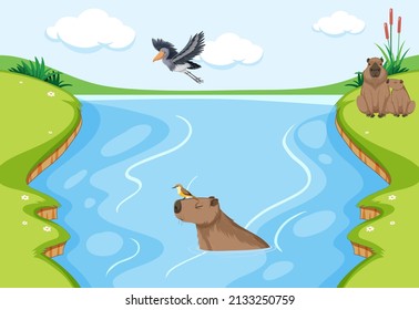Many animal next to river illustration