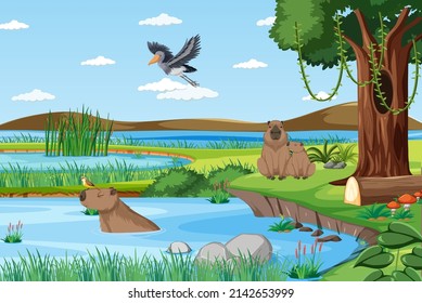 Many animal next to river illustration